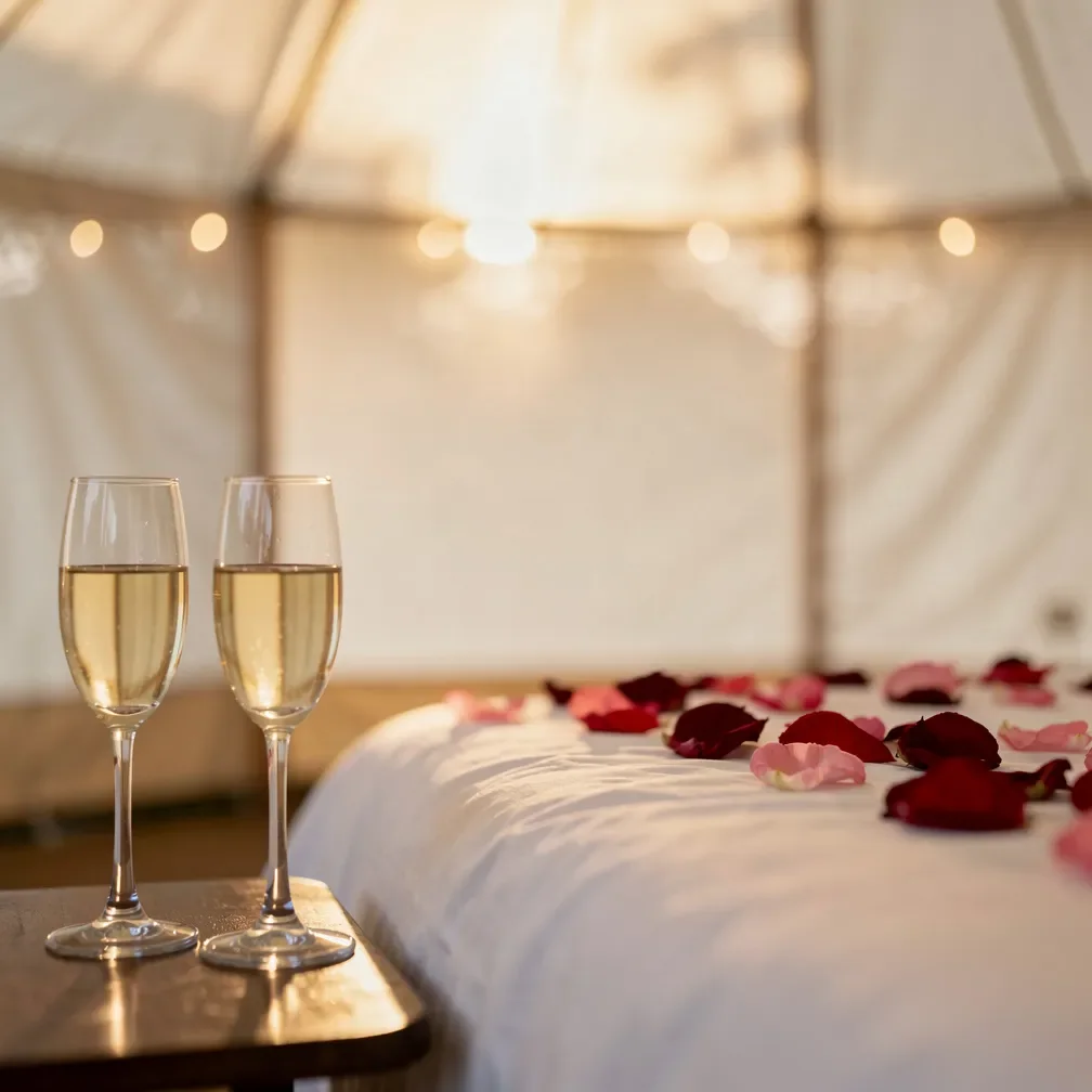 Zwei Champagnergläser neben einem Bett mit verstreuten Rosenblättern als Symbol für ein fortgesetztes persönliches Kennenlernen.