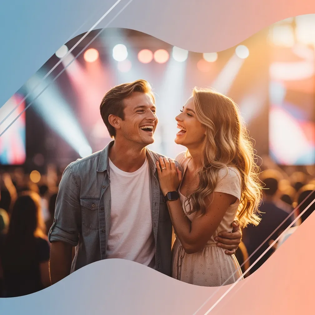 Junges Paar, Mann und Frau um die 25, lachend und eng umschlungen bei einem Open-Air-Konzert.
