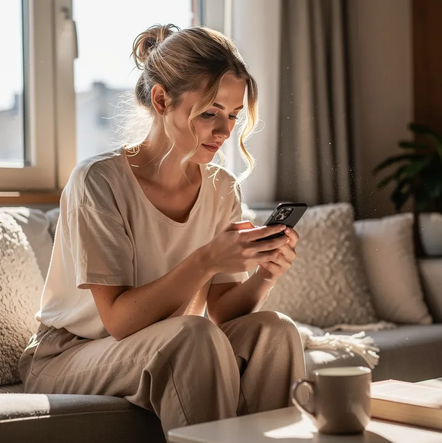 Attraktive junge Frau um die 25, die zu Hause bei Tageslicht konzentriert auf ihrem Smartphone tippt.