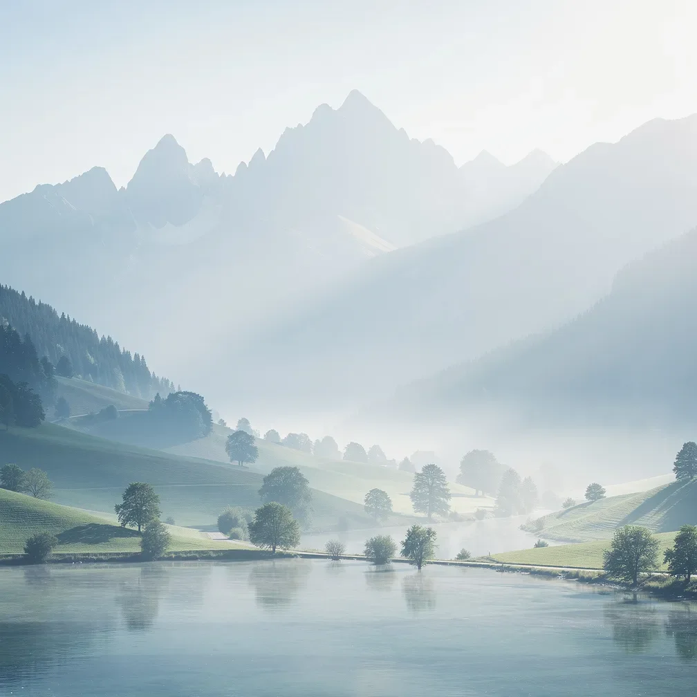 Helles Alpenpanorama mit Berggipfeln und freiem Blick auf ein ruhiges Tal bei Tageslicht.