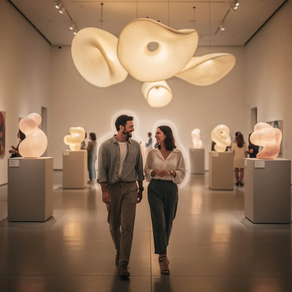Paar geht Hand in Hand durch eine Kunstgalerie bei einem Date.