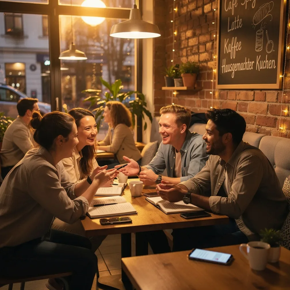 Eine Gruppe junger Menschen sitzt lebhaft in einem Café, vertieft in Gespräche und lächelnd, während sie ihre Smartphones und Notebooks nutzen. Symbolisch für die vielfältige und vernetzte Community von CDATE.