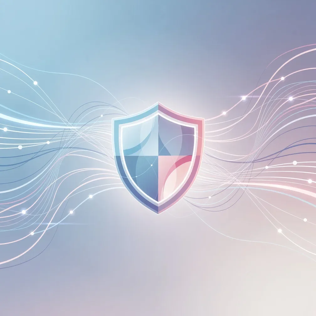 Abstrakter Hintergrund mit einem modernen digitalen Schildsymbol in der Mitte, umgeben von sanften Azure- und Rosatönen. Zarte Linien im Hintergrund symbolisieren die Pfade und die Reise des Online-Datings, die zu einem zentralen Punkt des beiderseitigen Respekts und Verständnisses führen.